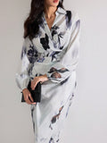 Shein Heiryn Women's Fall Elegant Floral Print Lantern Sleeve Long Dress