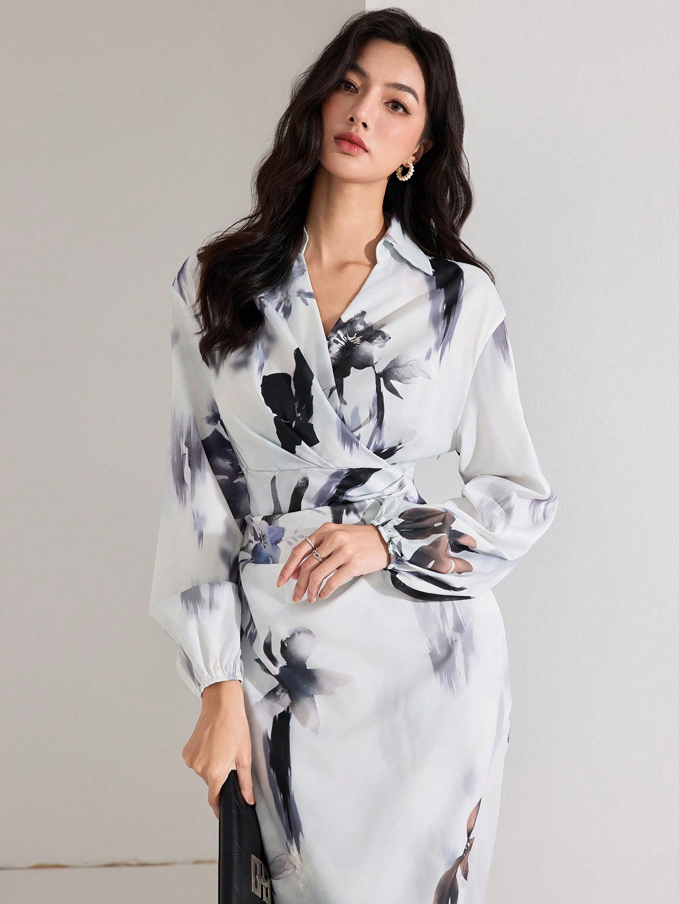 Shein Heiryn Women's Fall Elegant Floral Print Lantern Sleeve Long Dress