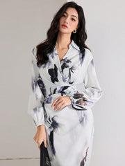 Shein Heiryn Women's Fall Elegant Floral Print Lantern Sleeve Long Dress