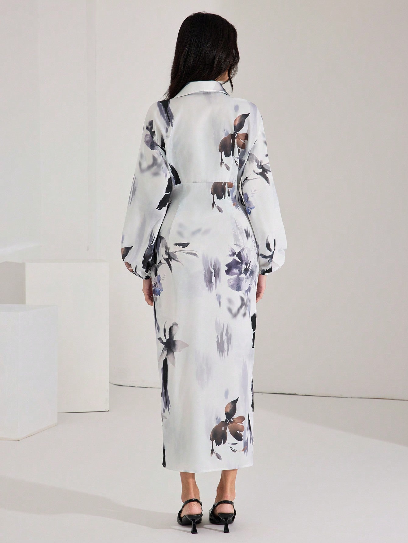 Shein Heiryn Women's Fall Elegant Floral Print Lantern Sleeve Long Dress
