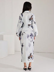 Shein Heiryn Women's Fall Elegant Floral Print Lantern Sleeve Long Dress