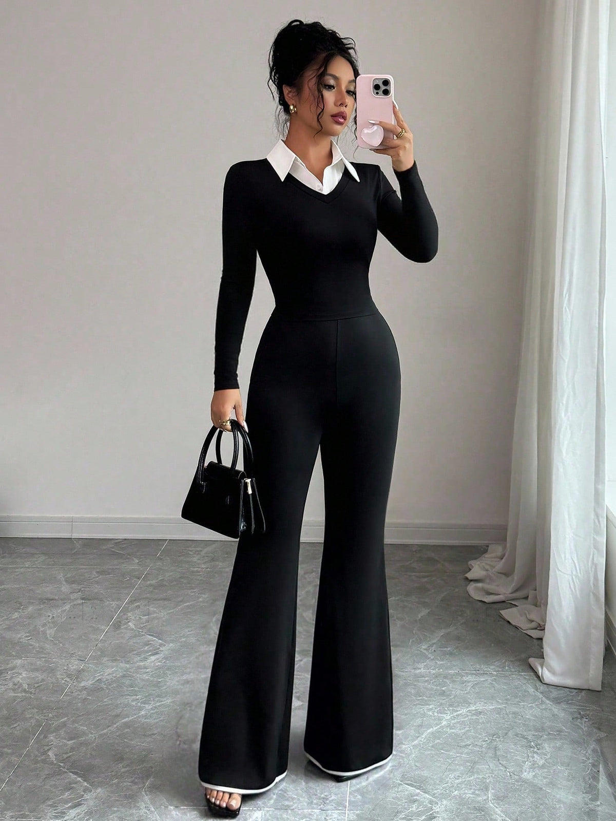 Shein INAWLY 2pcs Set: Slim Fit Elegant Commuter Contrast Color Collar Long Sleeve T-Shirt & Flared Long Pants