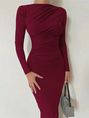 Women's Solid Color Long Sleeve Slim Fit Casual Long Dress
