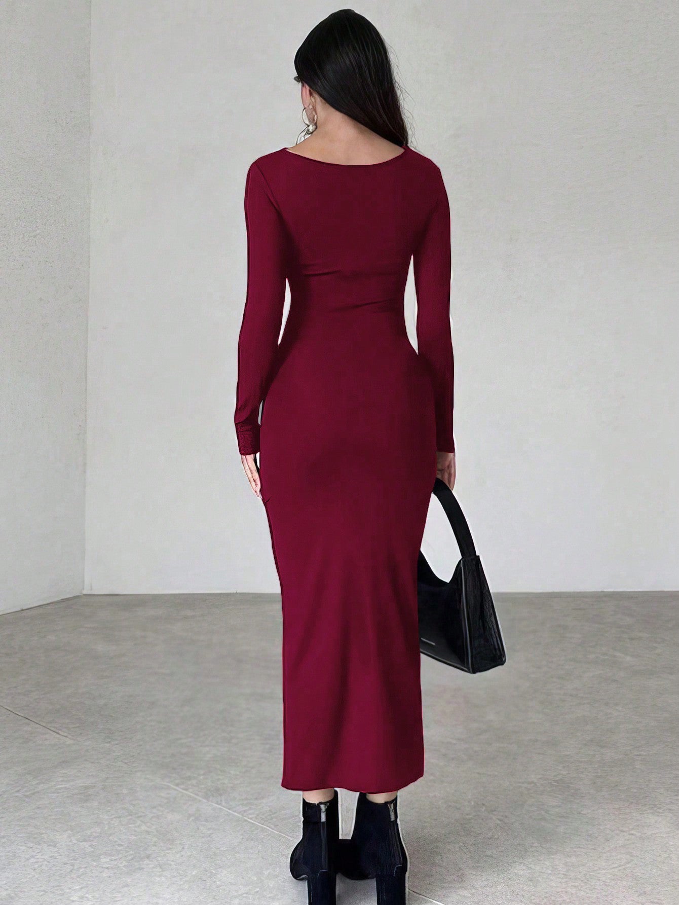 Women's Solid Color Long Sleeve Slim Fit Casual Long Dress