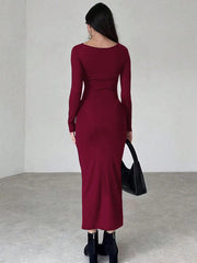 Women's Solid Color Long Sleeve Slim Fit Casual Long Dress