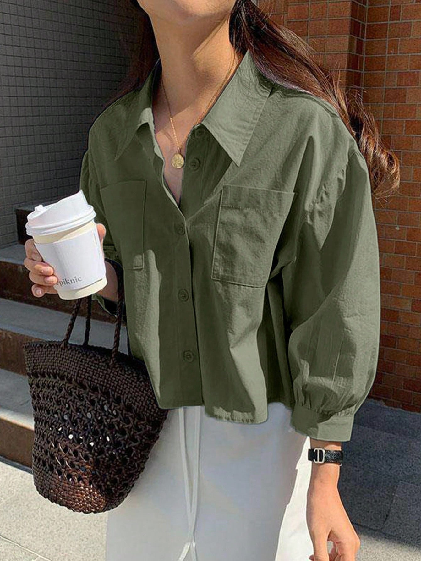 Front Button Pocket Loose Cropped Long Sleeve Shirt