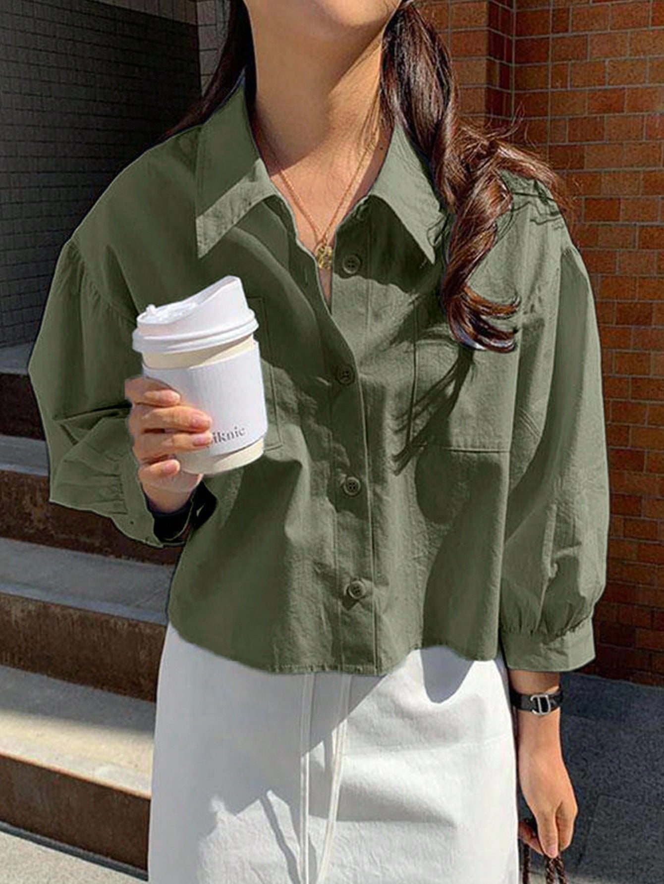 Front Button Pocket Loose Cropped Long Sleeve Shirt