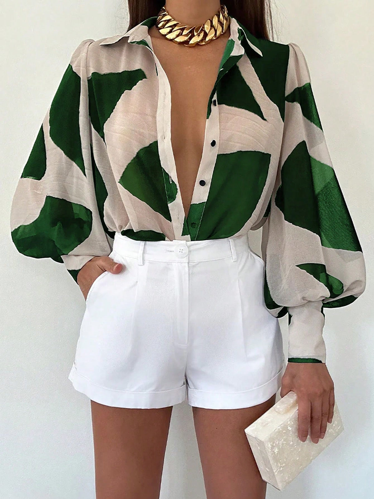 Shein INAWLY Women's Fashion Commuting Contrast Color Print Lantern Sleeve Blouse