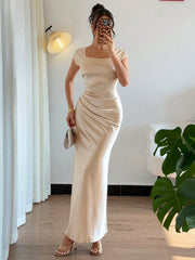 SHEIN Raffinéa Women's Elegant Short Sleeve Ruched Shiny Fabric Everyday Long Dress