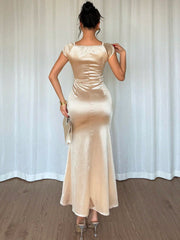 SHEIN Raffinéa Women's Elegant Short Sleeve Ruched Shiny Fabric Everyday Long Dress