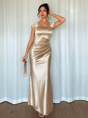 SHEIN Raffinéa Women's Elegant Short Sleeve Ruched Shiny Fabric Everyday Long Dress