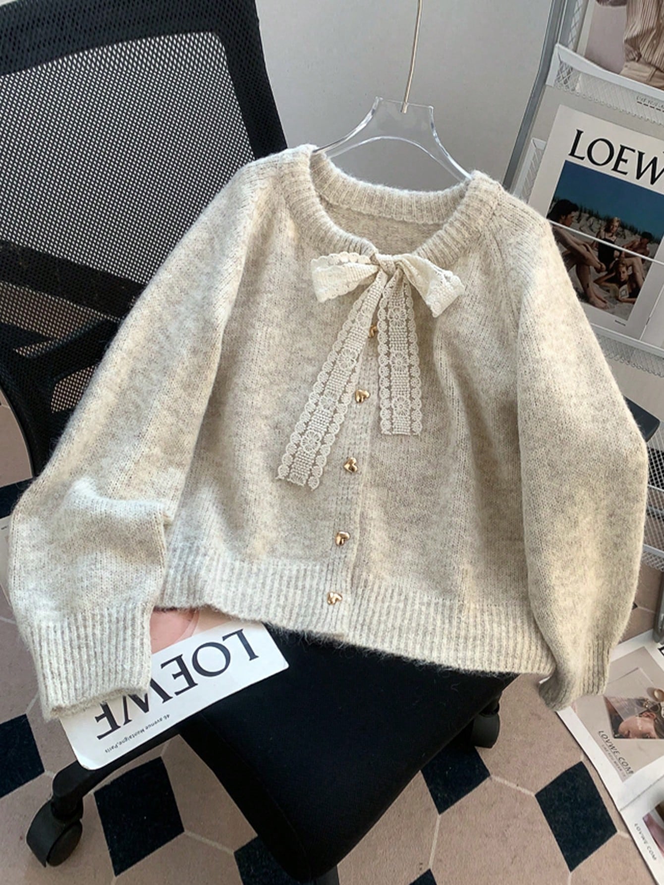 Elegant Lace Bow Knit Cardigan With Heart Buttons