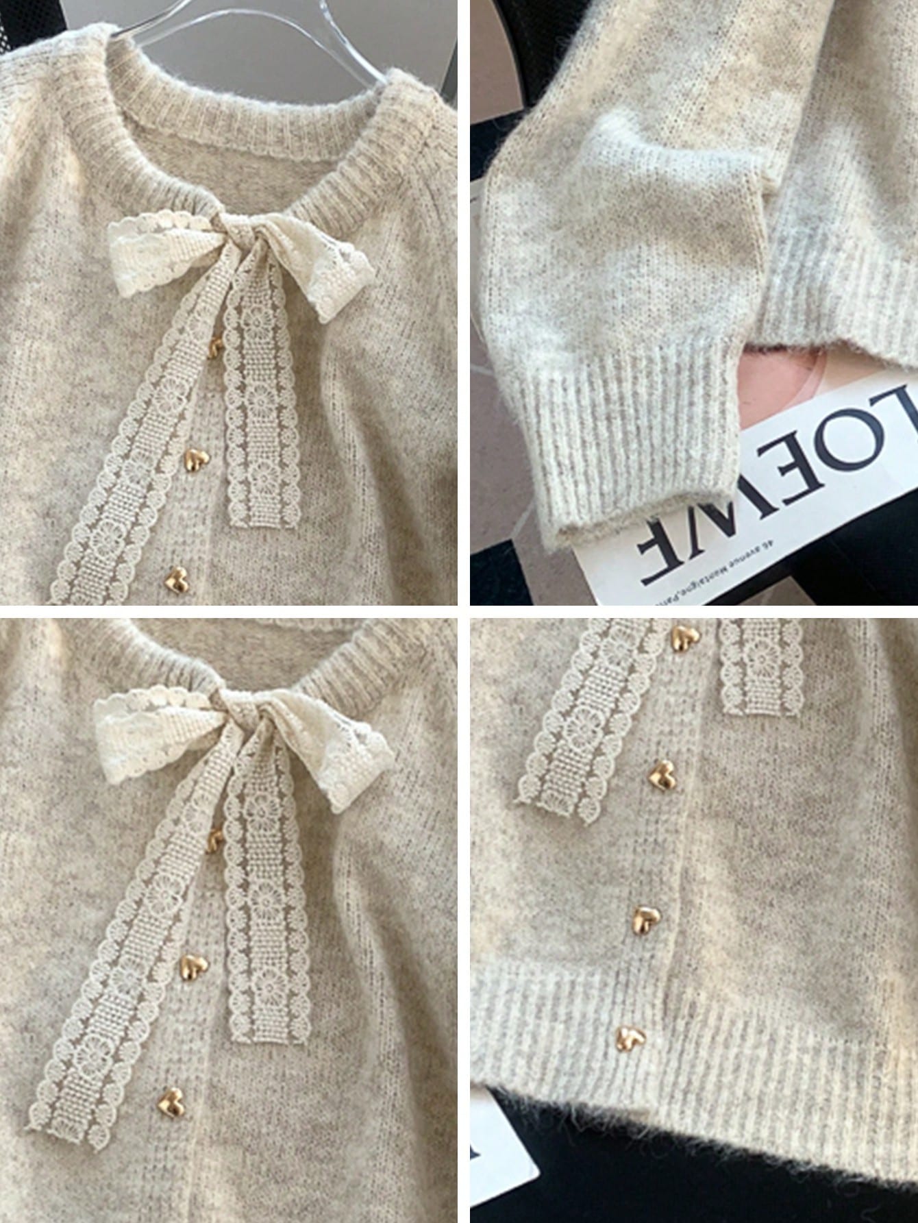 Elegant Lace Bow Knit Cardigan With Heart Buttons