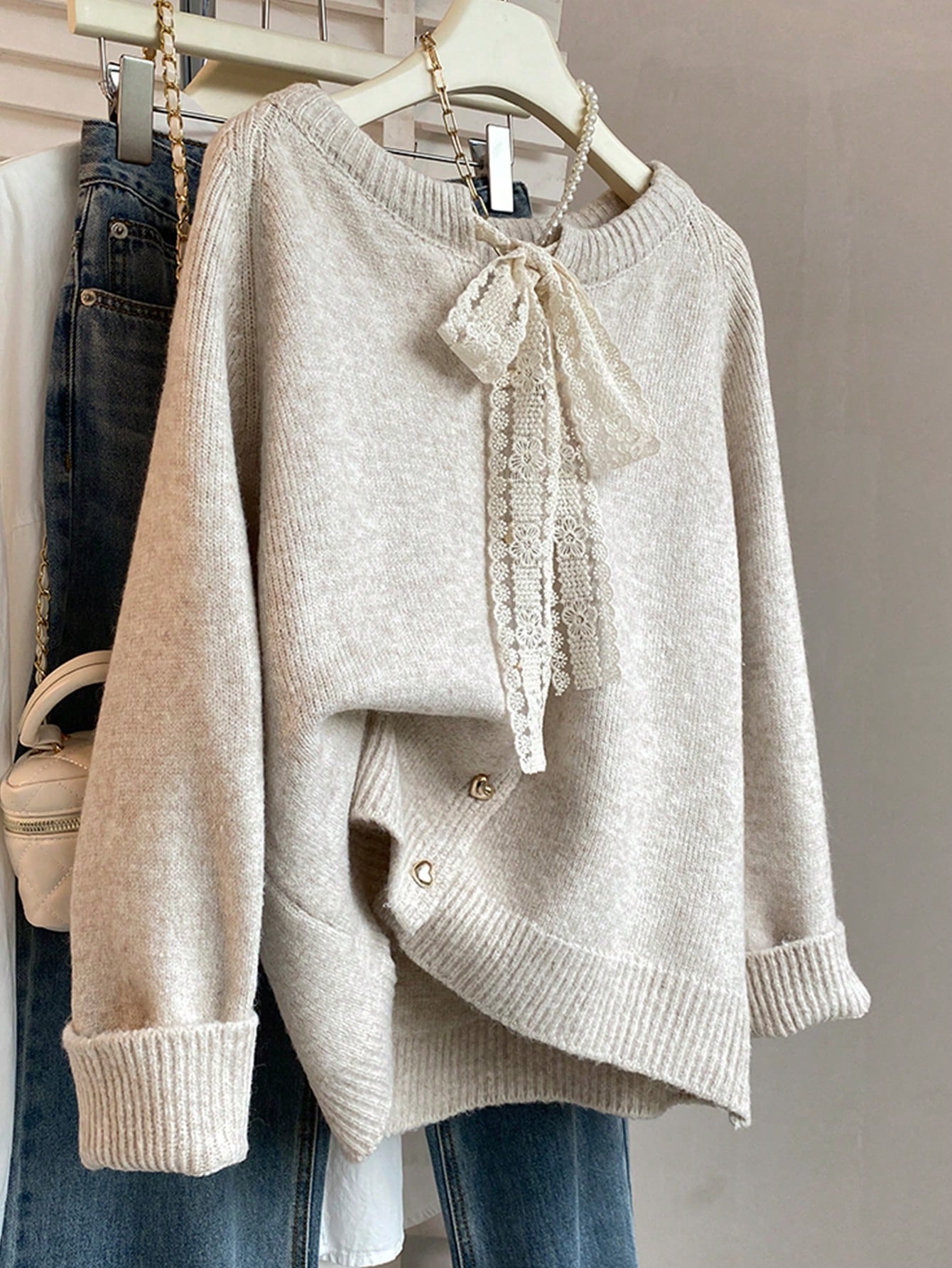 Elegant Lace Bow Knit Cardigan With Heart Buttons