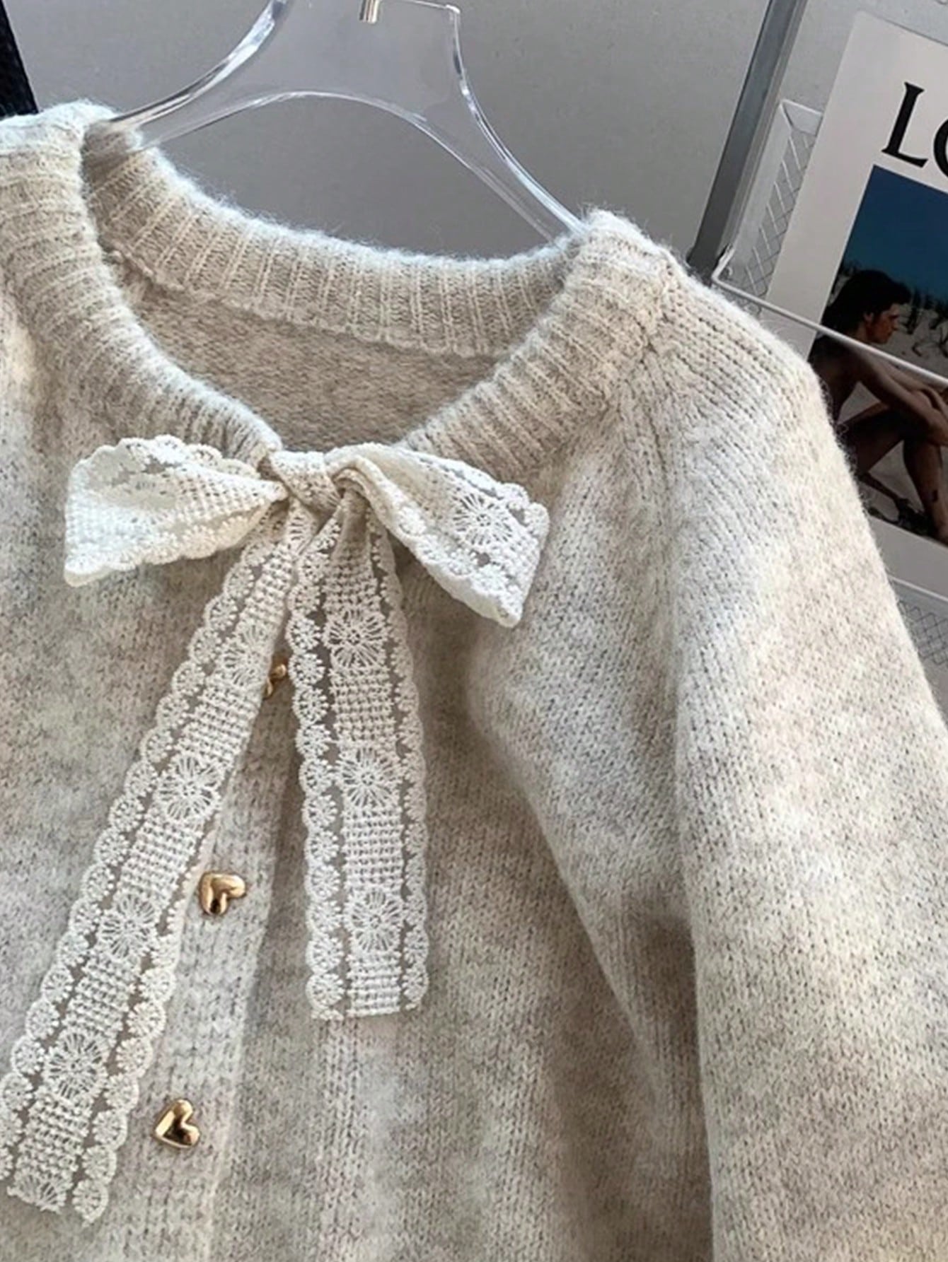 Elegant Lace Bow Knit Cardigan With Heart Buttons