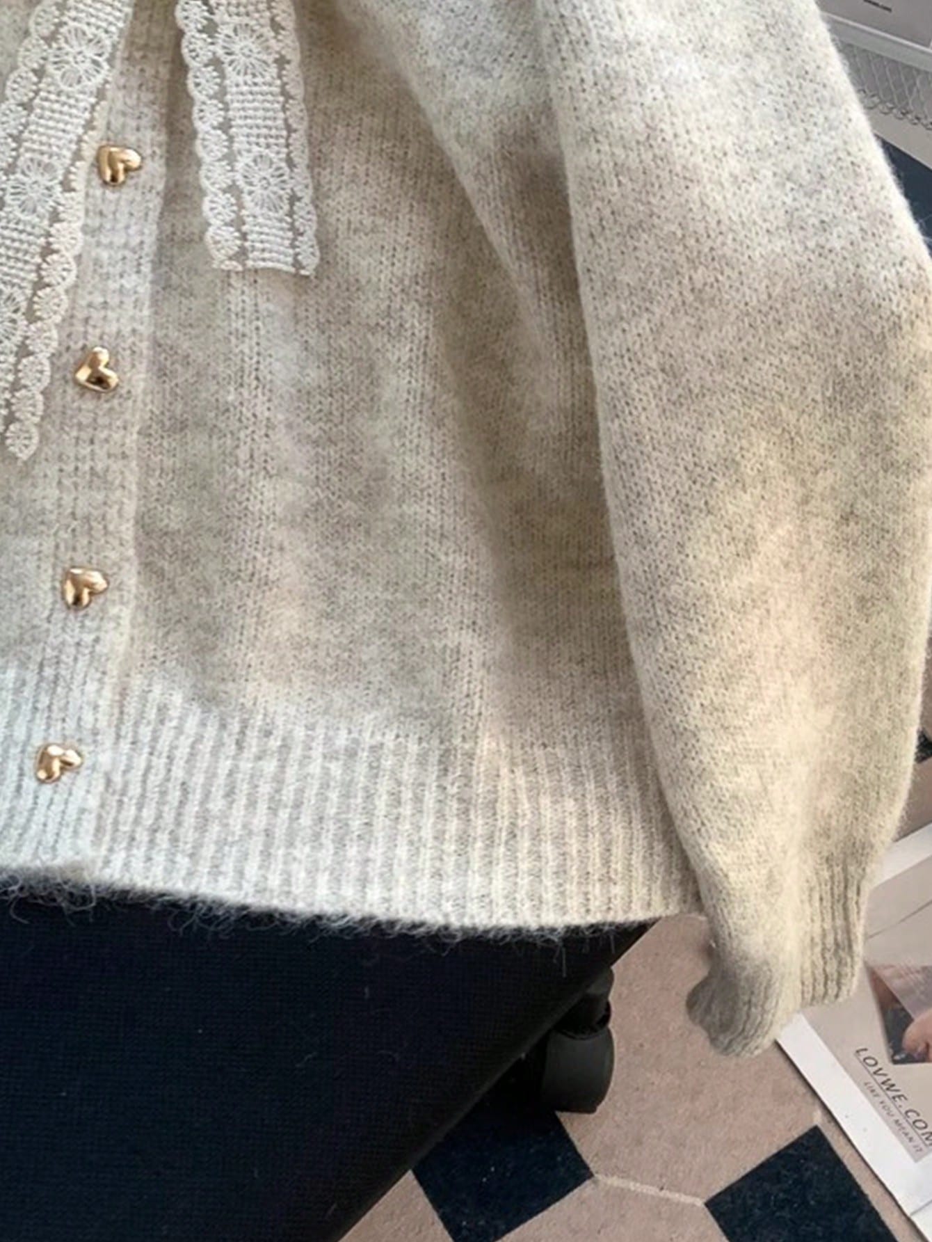 Elegant Lace Bow Knit Cardigan With Heart Buttons