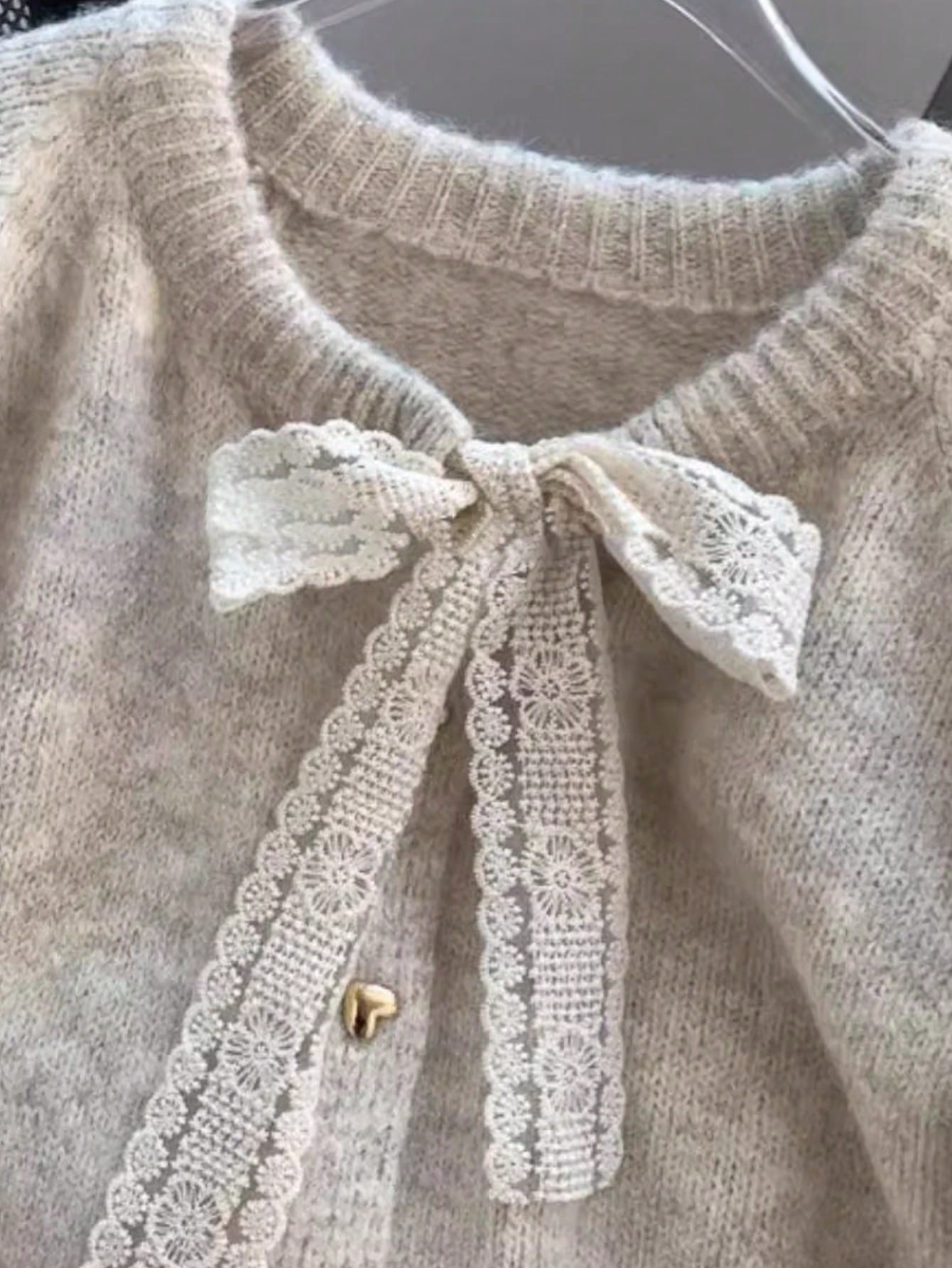 Elegant Lace Bow Knit Cardigan With Heart Buttons