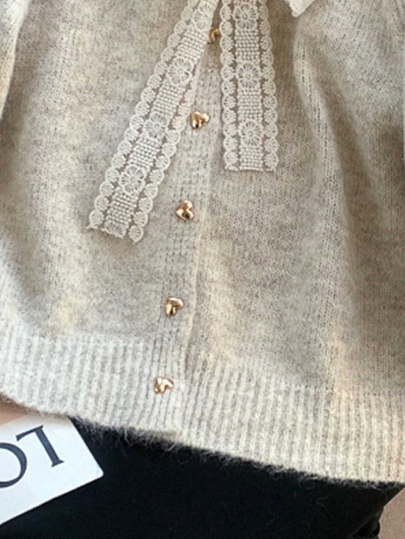Elegant Lace Bow Knit Cardigan With Heart Buttons