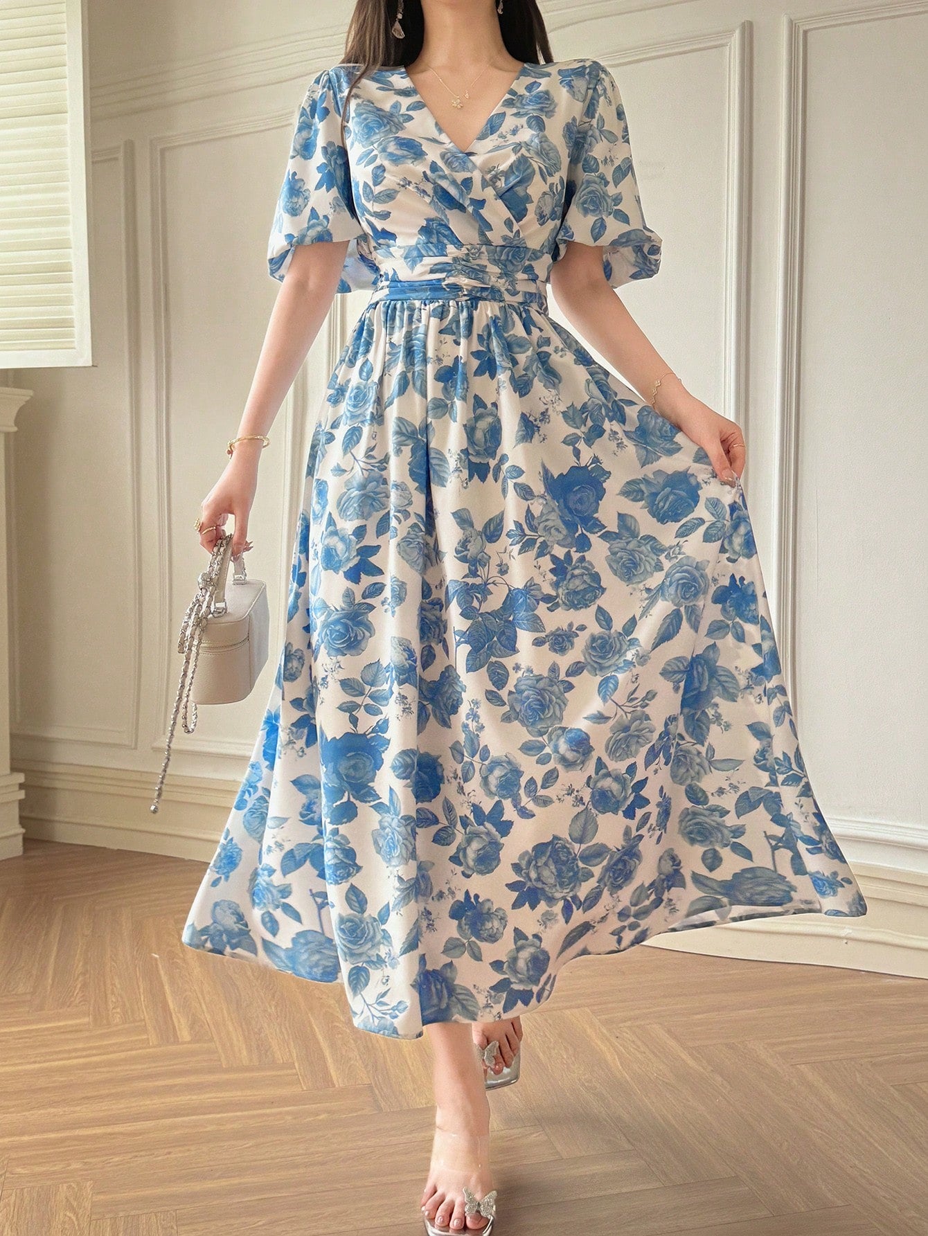 Shein Joudiya Women's Sexy Summer Blue And White Porcelain Print Dress