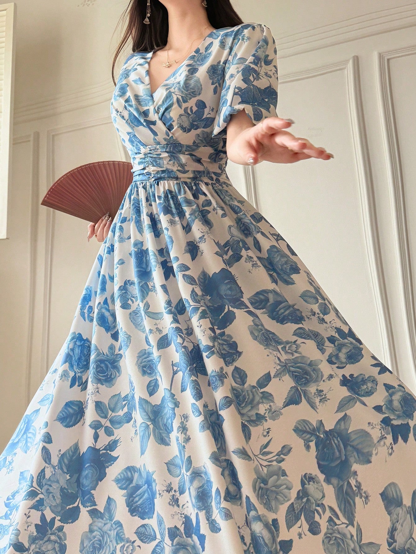 Shein Joudiya Women's Sexy Summer Blue And White Porcelain Print Dress