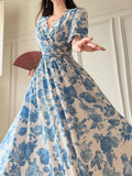 Shein Joudiya Women's Sexy Summer Blue And White Porcelain Print Dress