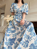 Shein Joudiya Women's Sexy Summer Blue And White Porcelain Print Dress