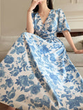 Shein Joudiya Women's Sexy Summer Blue And White Porcelain Print Dress