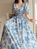 Shein Joudiya Women's Sexy Summer Blue And White Porcelain Print Dress