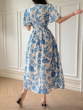 Shein Joudiya Women's Sexy Summer Blue And White Porcelain Print Dress