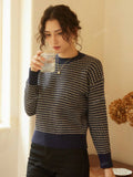 Shein Knit Mix Women's Knitted French Commuter Striped Crew Neck Long Sleeve Contrast Color Casual Loose Sweater