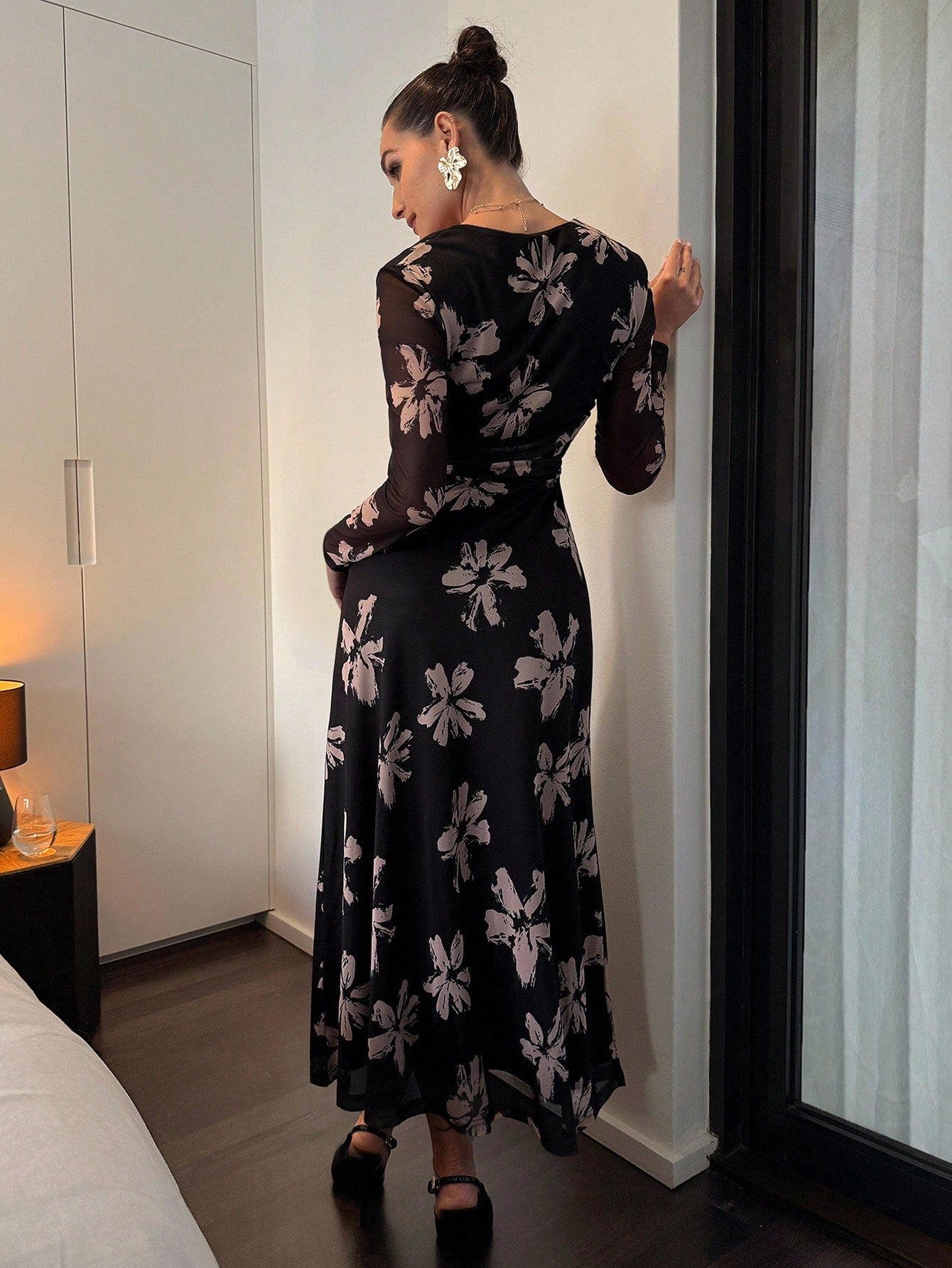 Shein Lavishia Women's Elegant Floral Print Mesh Ruched Square Neck Long Sleeve Fitted Waist Midi Dress