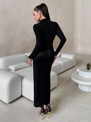 Black Metallic Button Decor Shiny Chiffon Dress