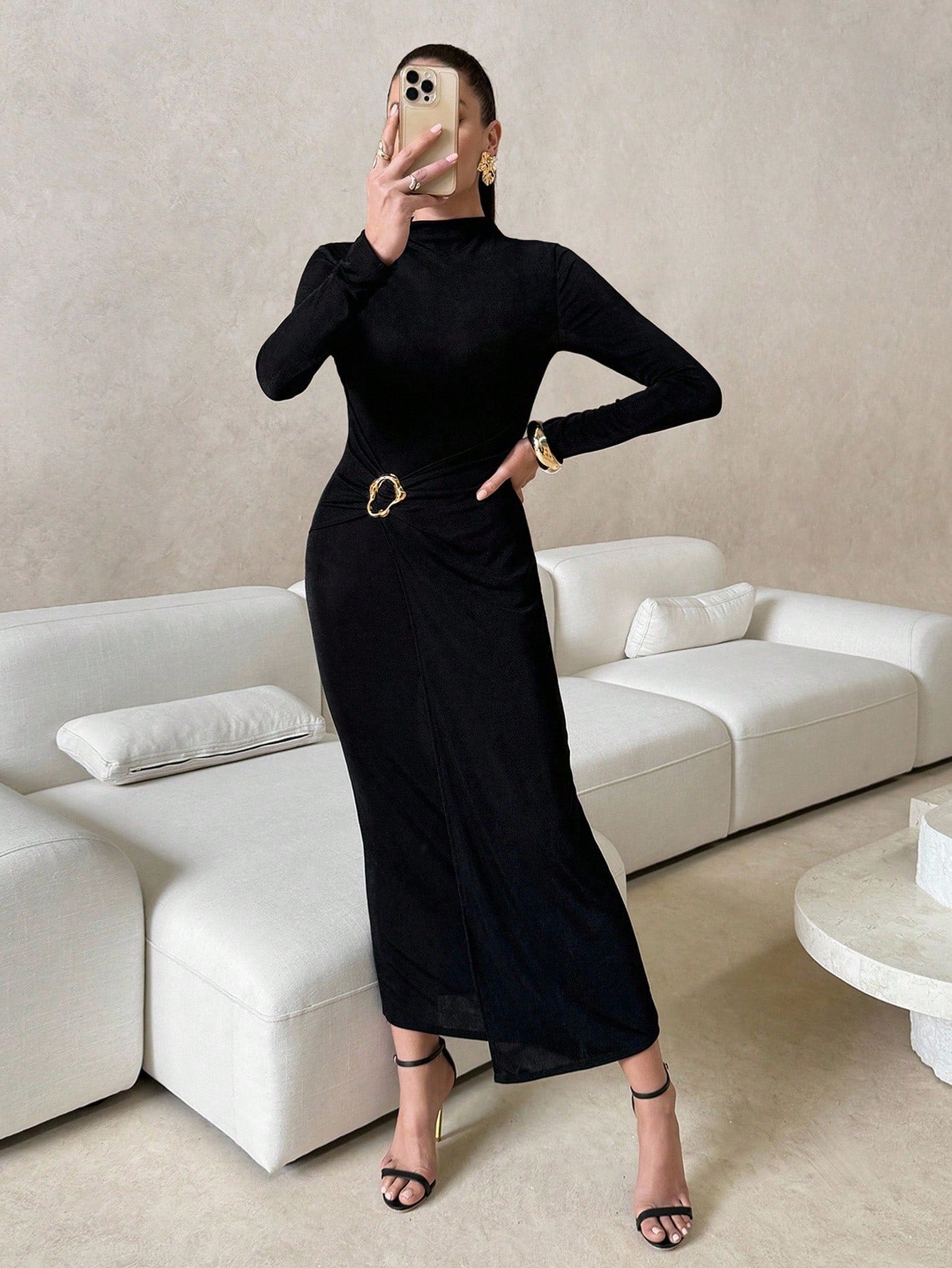 Black Metallic Button Decor Shiny Chiffon Dress