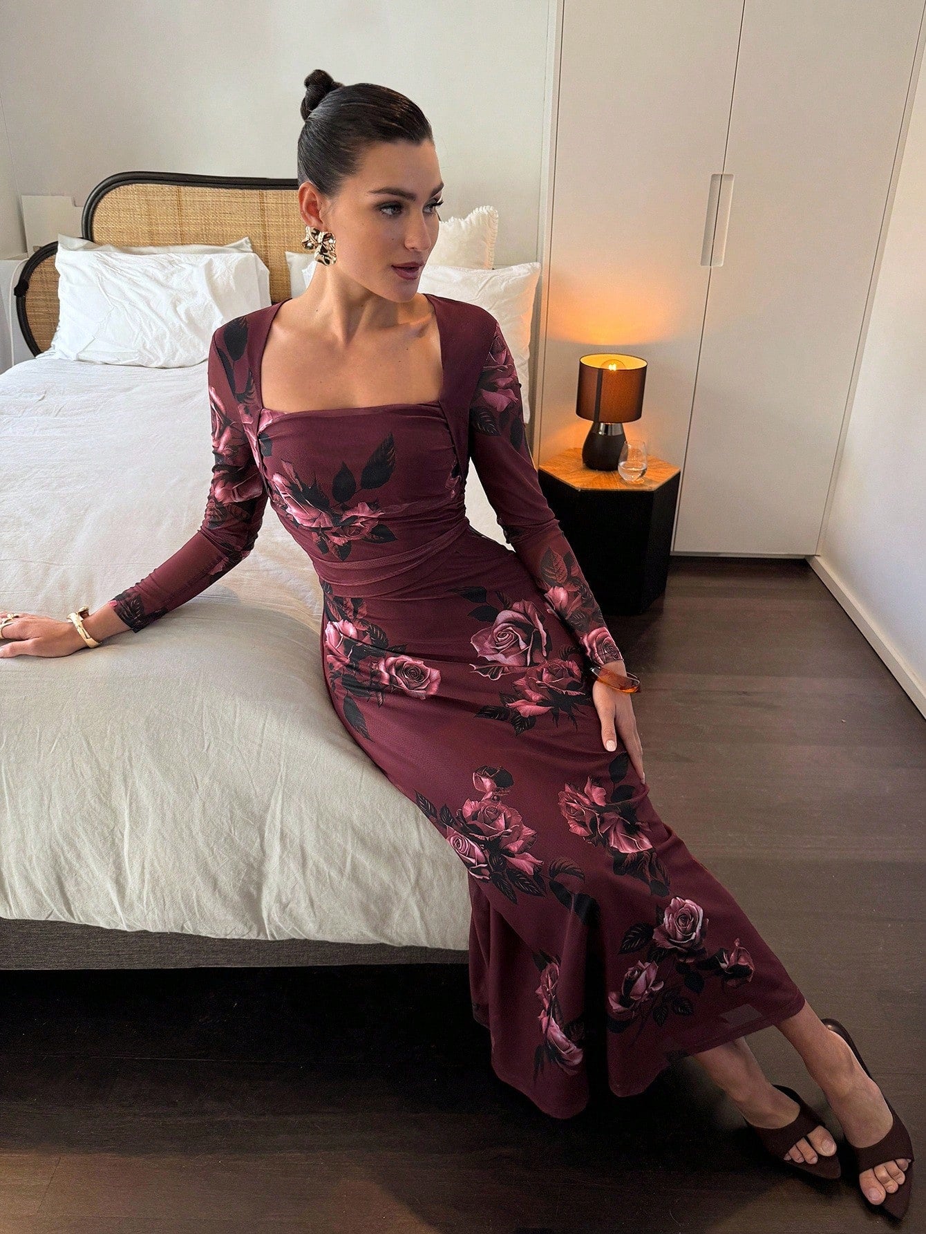 Shein Lavishia Romantic Floral Print Square Neck Long Sleeve Waist Flared Midi Dress