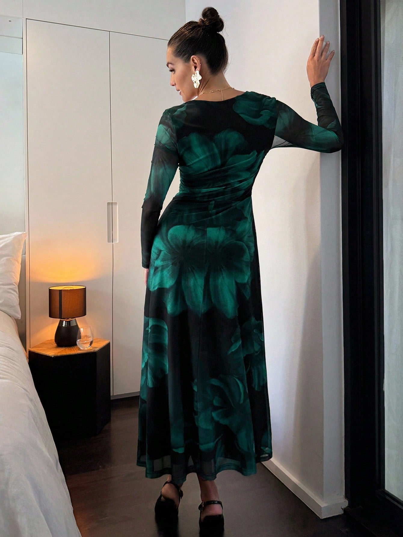 Shein Lavishia Green Abstract Tie Dye Floral Print Square Neck Semi-Sheer Long Sleeve Ruched Waist Flared Midi Dress