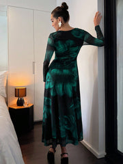 Shein Lavishia Green Abstract Tie Dye Floral Print Square Neck Semi-Sheer Long Sleeve Ruched Waist Flared Midi Dress