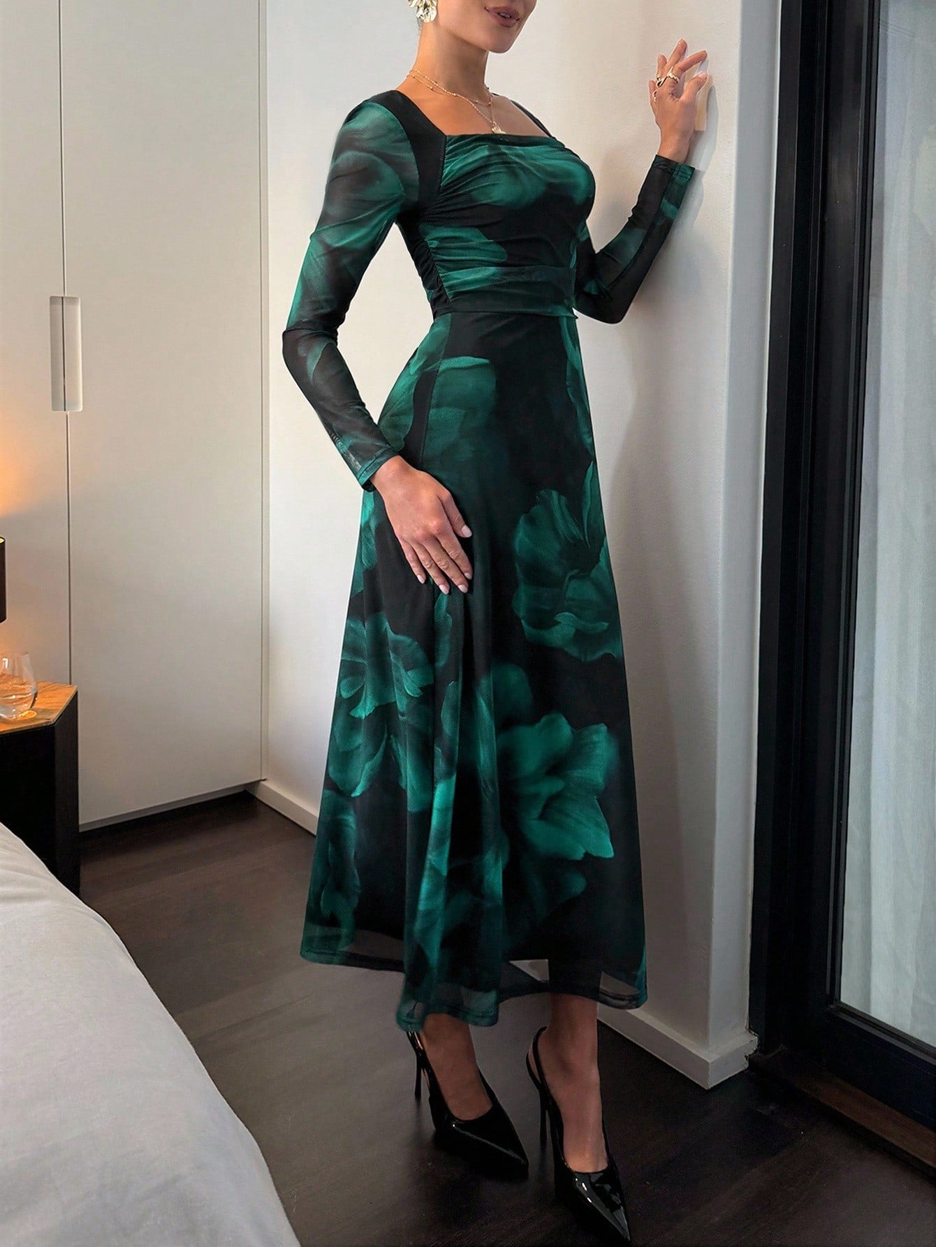 Shein Lavishia Green Abstract Tie Dye Floral Print Square Neck Semi-Sheer Long Sleeve Ruched Waist Flared Midi Dress
