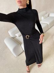 Black Metallic Button Decor Shiny Chiffon Dress