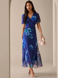 Shein Lilora Women's Floral Print V-Neck Elegant Short Sleeve Dress