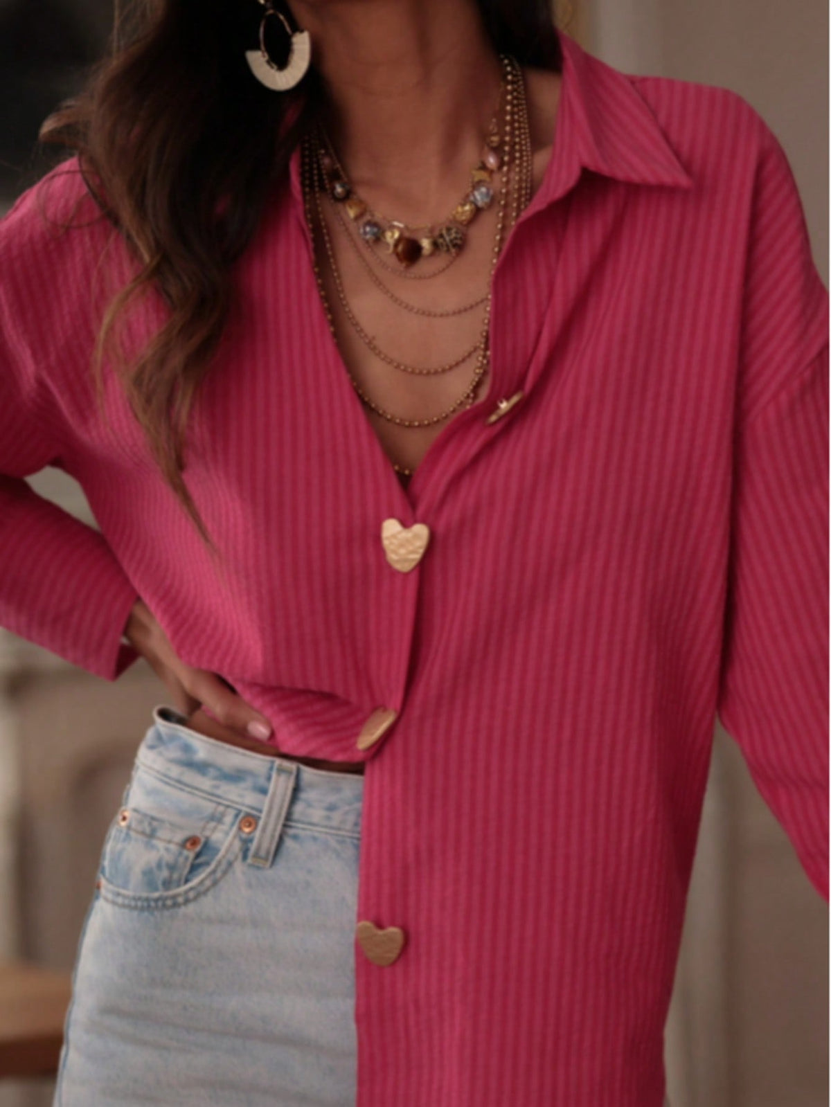 Shein Loose Silhouette Minimalist Commuter Pink Striped Casual Shirt