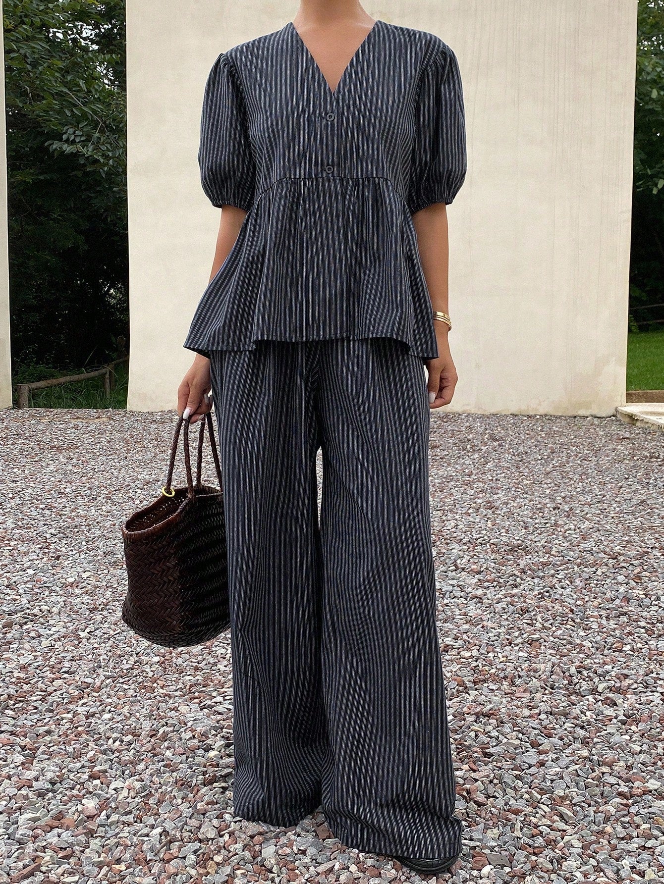 Shein Livesso 2pcs/Set Women Striped Puff Sleeve V-Neck Loose Casual Jumpsuit For Summer