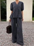 Shein Livesso 2pcs/Set Women Striped Puff Sleeve V-Neck Loose Casual Jumpsuit For Summer