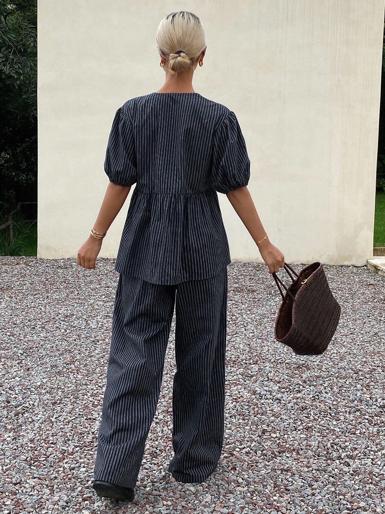 Shein Livesso 2pcs/Set Women Striped Puff Sleeve V-Neck Loose Casual Jumpsuit For Summer