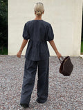 Shein Livesso 2pcs/Set Women Striped Puff Sleeve V-Neck Loose Casual Jumpsuit For Summer