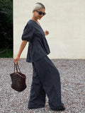 Shein Livesso 2pcs/Set Women Striped Puff Sleeve V-Neck Loose Casual Jumpsuit For Summer
