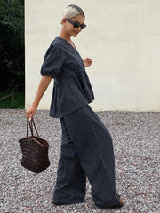 Shein Livesso 2pcs/Set Women Striped Puff Sleeve V-Neck Loose Casual Jumpsuit For Summer