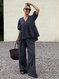 Shein Livesso 2pcs/Set Women Striped Puff Sleeve V-Neck Loose Casual Jumpsuit For Summer