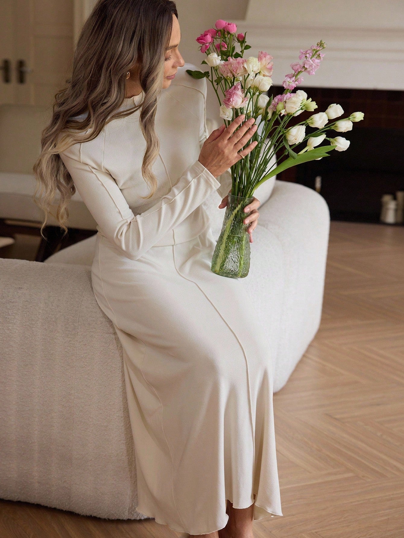 Women's Casual Waist Cinched Solid Color Long Sleeve Dress