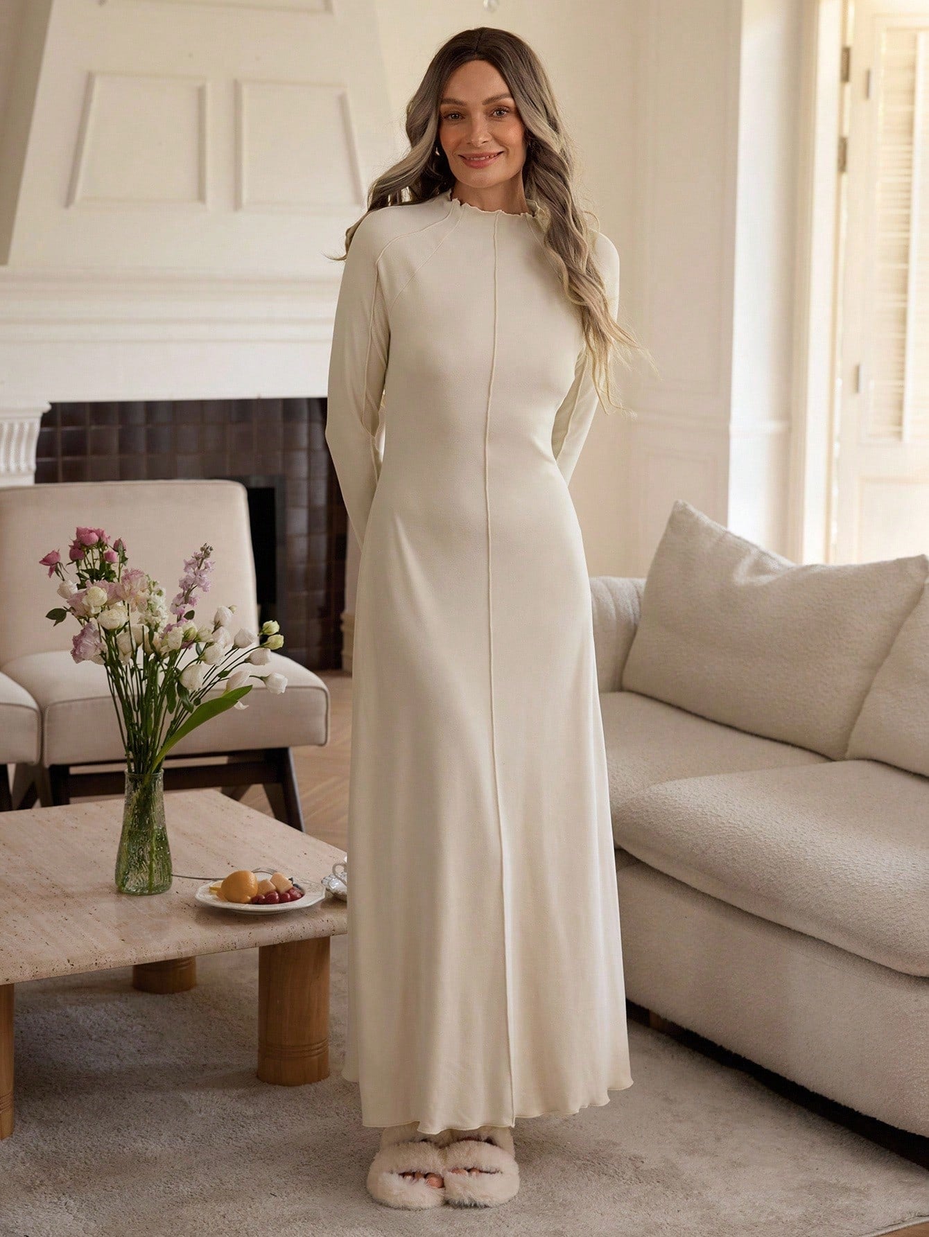 Women's Casual Waist Cinched Solid Color Long Sleeve Dress