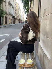 Lapel Zipper Dark Coffee Color Leather Jacket